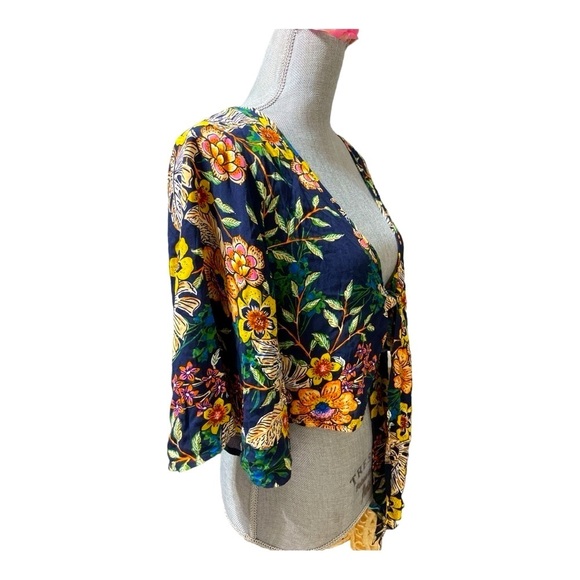 New Look Floral Tie-Front Crop Top Boho Kimono Sleeve Navy Multicolor Size M - Picture 4 of 8